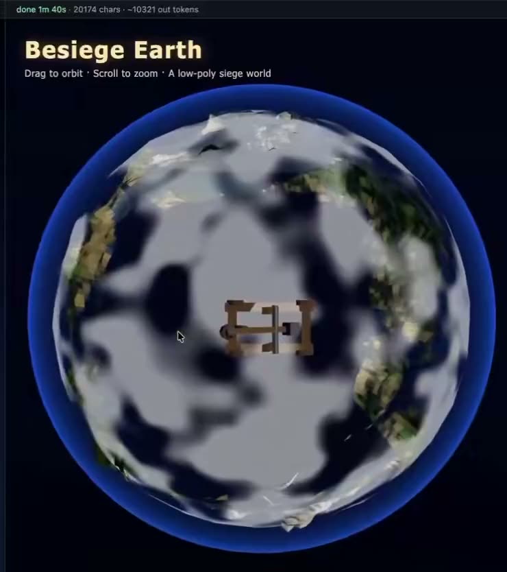 Claude Opus 4.8 on Besiege Earth — low-poly planet in one HTML file