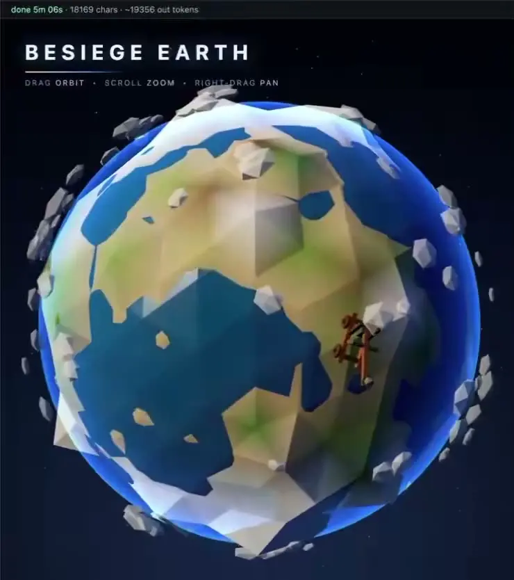 Kimi K3 on Besiege Earth — low-poly planet in one HTML file